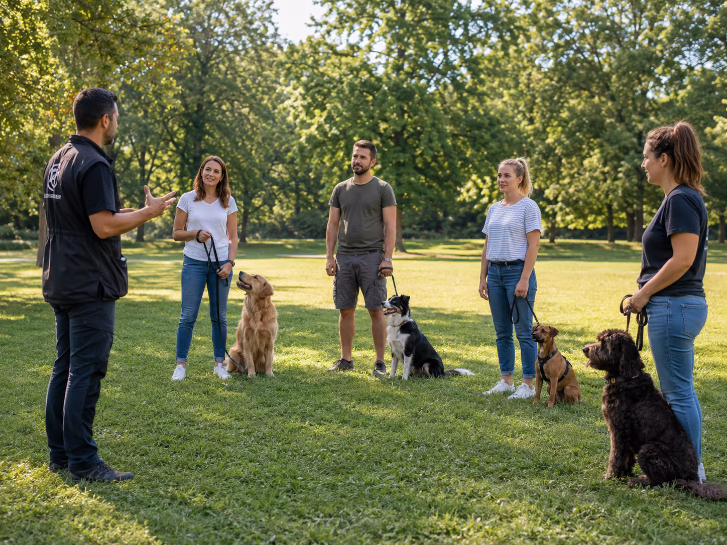 Cours collectifs éducation canine Val-d'Oise avec chiens et propriétaires en extérieur