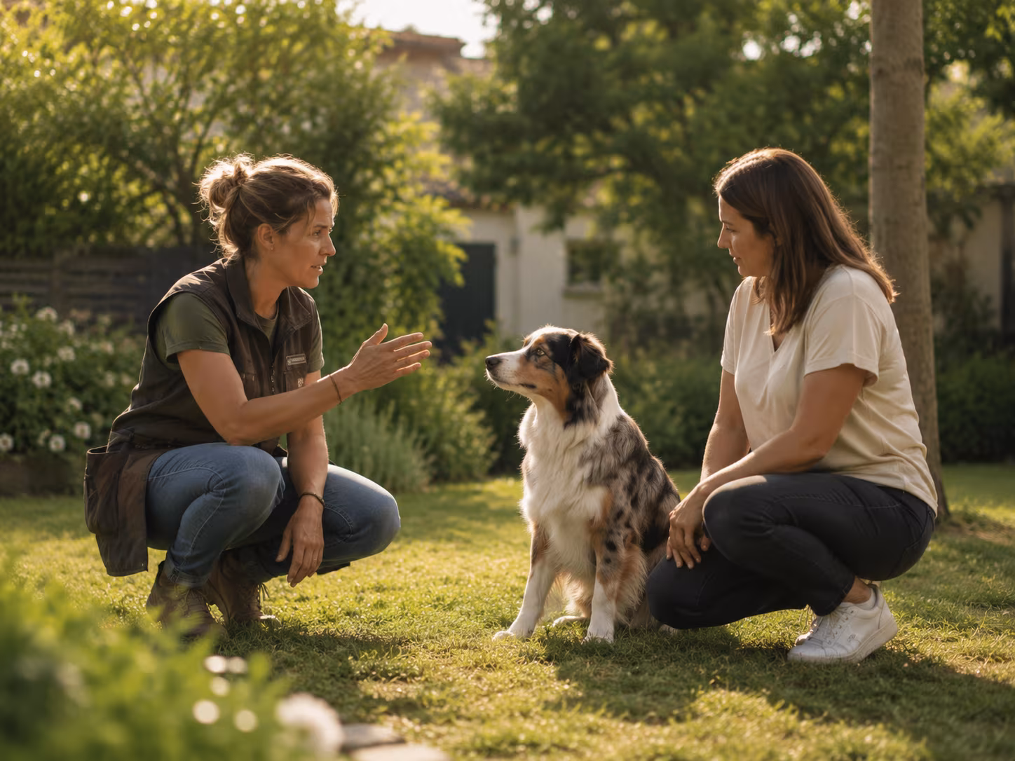 Cours individuel d’éducation canine en extérieur avec un chien et sa propriétaire