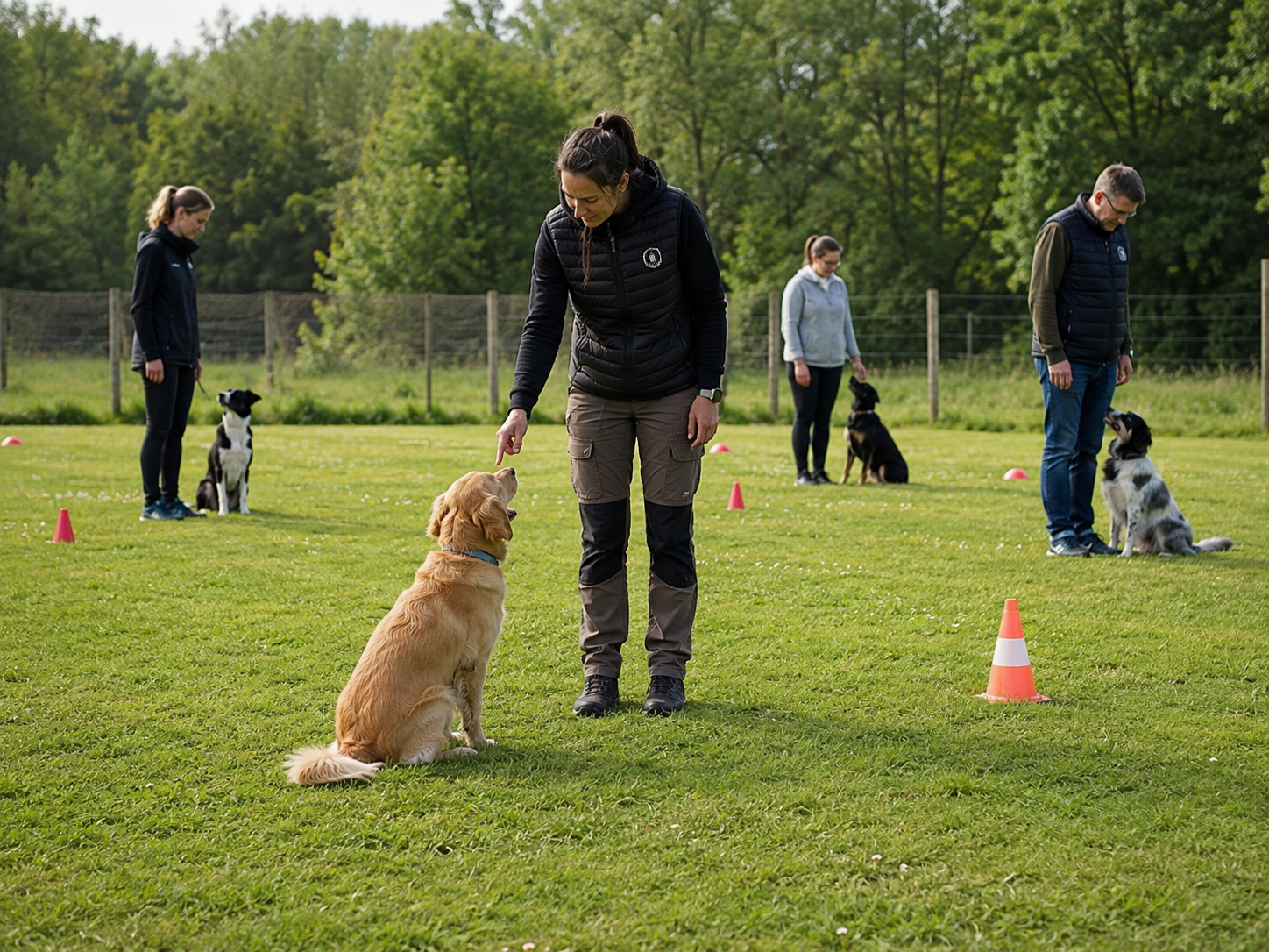 Exercices d’écoute et de concentration pour chiens en cours collectif dans le Val-d'Oise