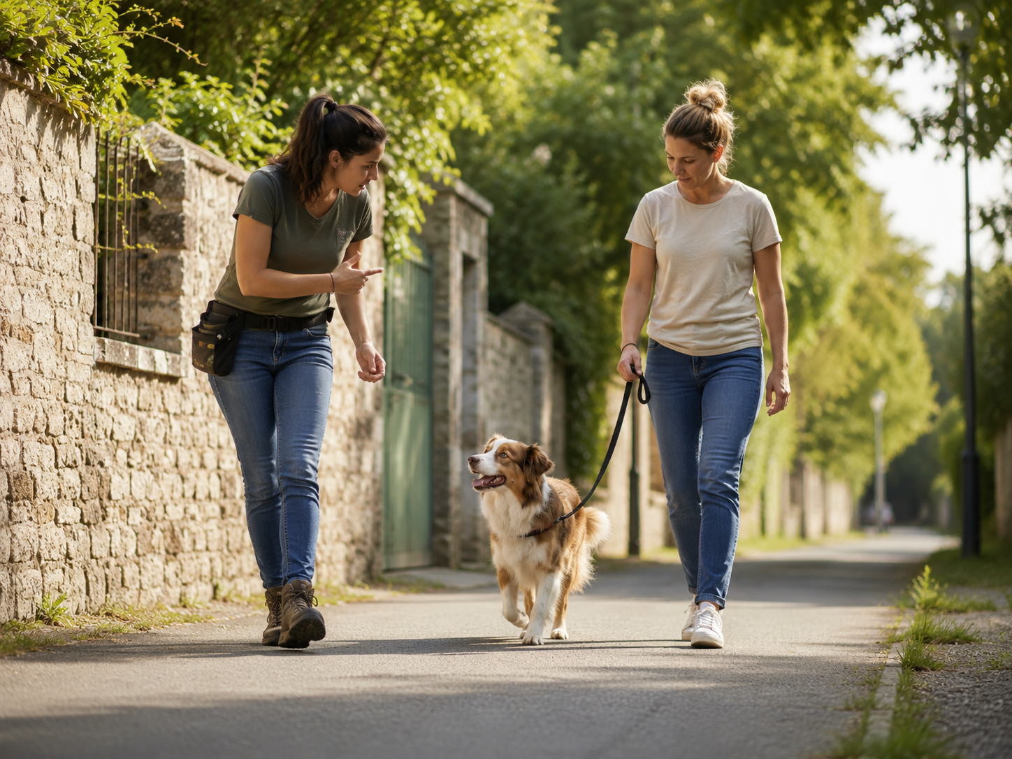 Cours individuel pour chien en extérieur avec travail de la marche en laisse