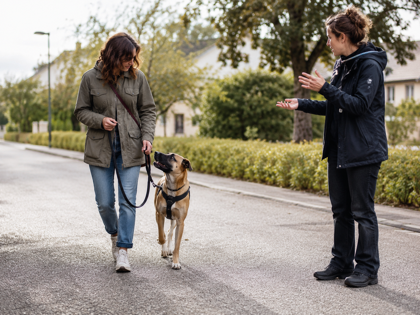 Rééducation chien réactif en laisse avec éducateur canin dans le Val-d'Oise